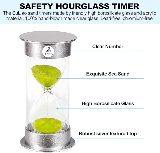 SuLiao Sand Timer 10 Minute Hourglass, Green Sand Watch 10 Min, Large SandClock Ten Minute, Colorful Plastic Hour Glass Sandglass for Kids, Games, Classroom, Kitchen, Decor