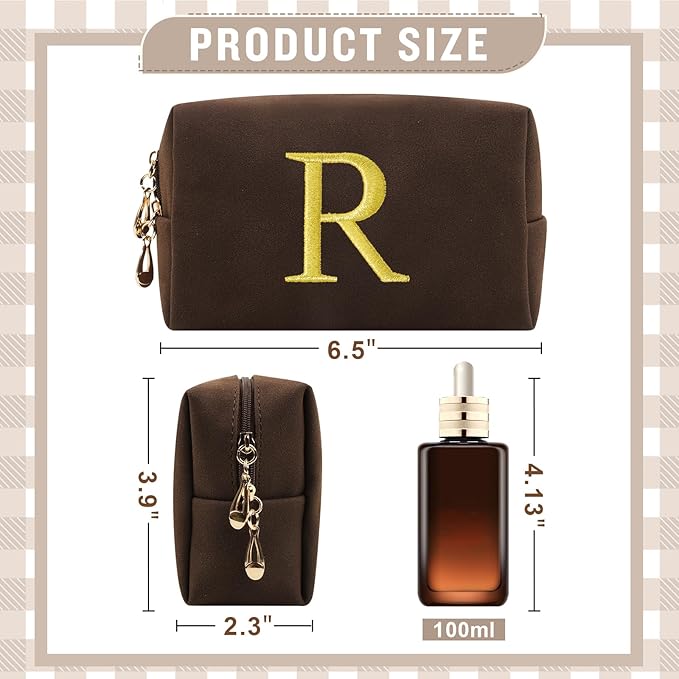 Personalized Initial Makeup Bag,Preppy Suede Cosmetic Bag for Teen Girls,Small Monogram Travel Toiletry Bag With Gold Embroidered Letter,Trendy Stuff Custom Christmas Gift for Women(Coffee-R)