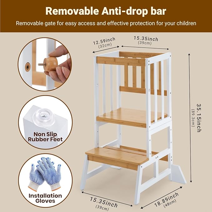 COSYLAND Toddler Standing Tower - Adjustable Height Toddler Kitchen Stool Helper - Kids Kitchen Step Stool for Learning with Removable Safety Railing White & Natural