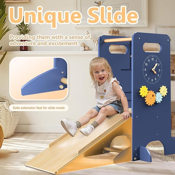 Toddler Tower 4-in-1 Multifunctional Kitchen Step Stool Helper with Removable Safety Board, Adjustable Heights, Slide, Highchair, Chalkboard, Montessori Games-Blue