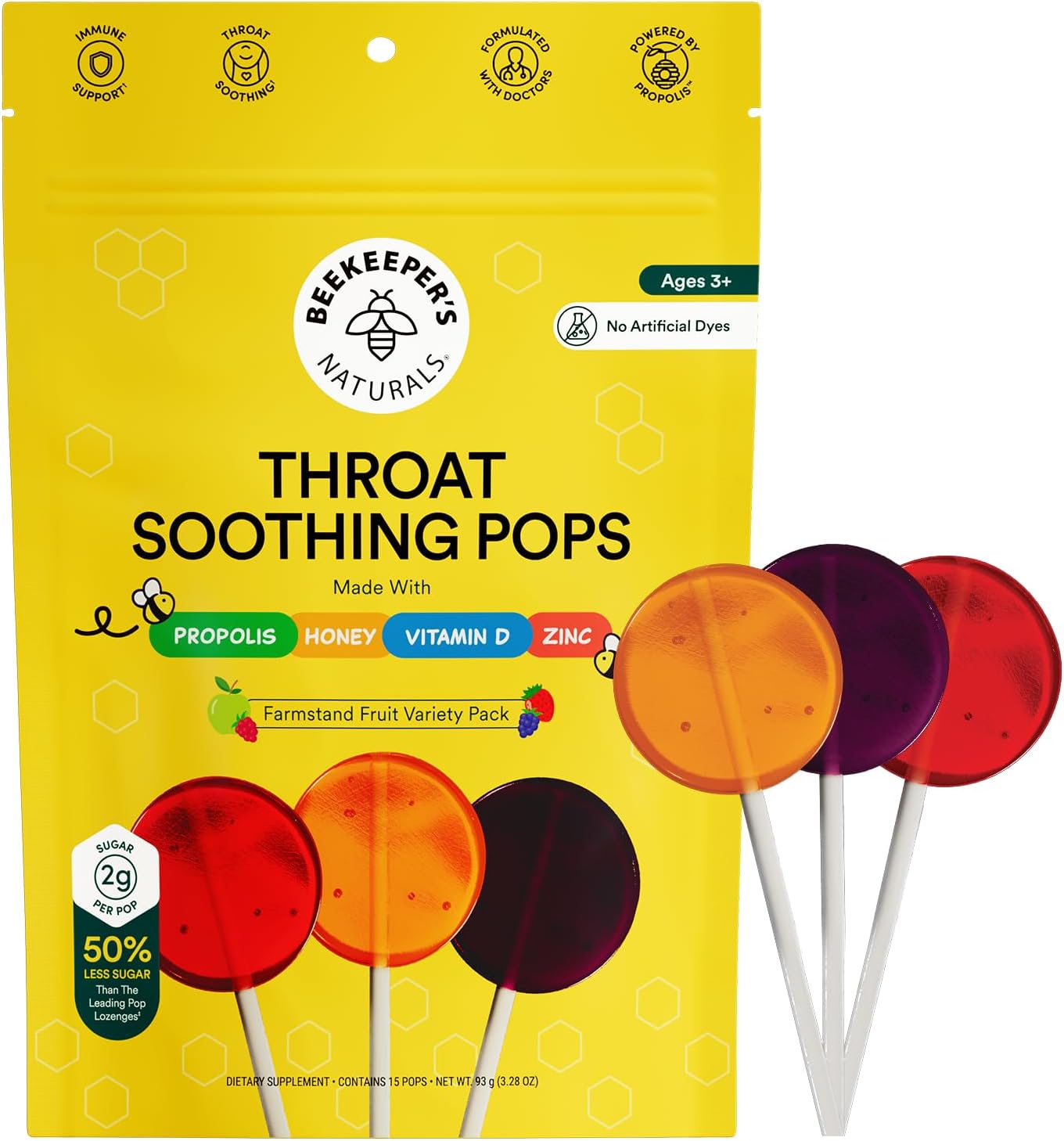 Kids Throat Soothing Lollipops by Beekeeper's Naturals - Doctor Formulated Immune Support, Vitamin D & Honey, Under 2g Sugar, Clean Ingredients,15 ct