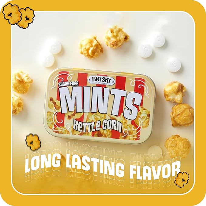 Big Sky Sugar Free Mints Kettlecorn| Sugarfree, No Artificial Colors or Flavors | Kosher Certified, Vegan, Gluten Free | Aspartame & Xylitol Free | 50 Count Tin (Pack of 6)