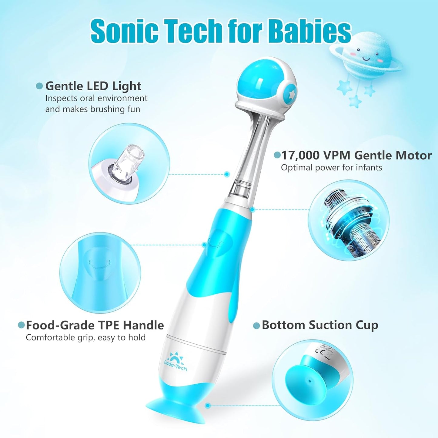 Toddler Electric Toothbrush Kids Age 1-2-3 Years Old, Infants & Baby Electric Toothbrush with Finger Tooth Brush, Cute Cover, LED Light, 2 Minutes Timer, 4 Brush Heads, Suction Cup (Blue Astronaut)