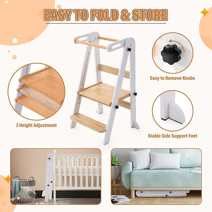 Foldable Toddler Kitchen Stool Helper - Adjustable Height Toddler Standing Tower, Kids Helper Stool with Safty Rail for Kitchen Counter Bathroom (White)