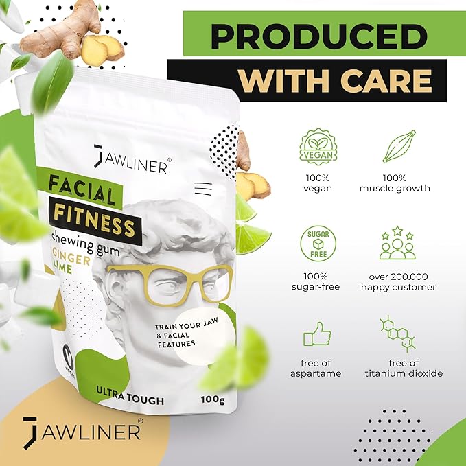 Jawliner® - Pioneers the Toughest Handmade 15x Harder Jawline Gum Includes 12 Weeks Coaching - Sugar-Free Ginger Lime Hard Gum - Jawline Exerciser for Mewing - Chewing Gum Shaping Jaw (2 Months Pack)