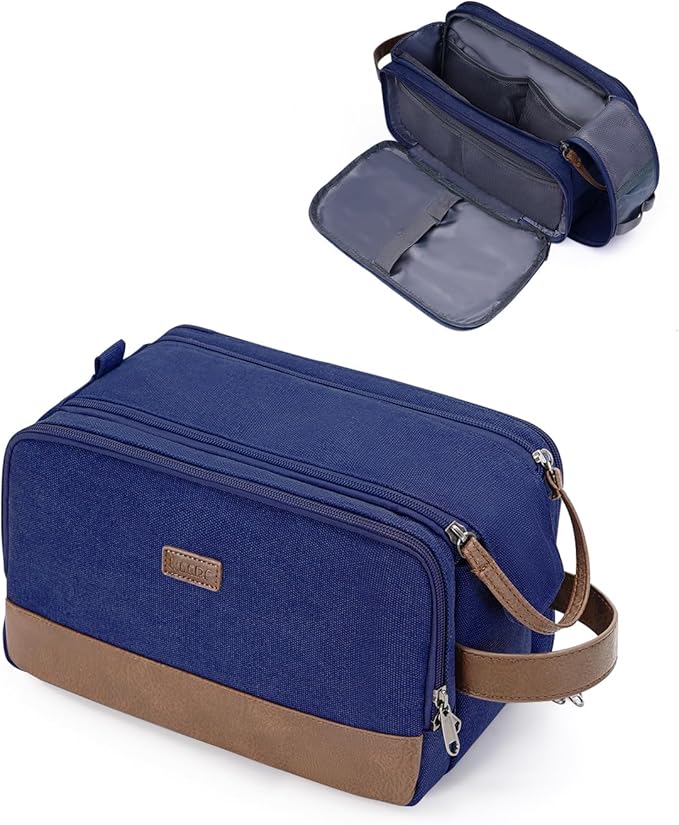 WANDF Toiletry Bag for Men Travel Toiletry Organizer Canvas and Leather Dopp Kit Water-Resistant Shaving Bag for Travel Accessories (Blue, Medium)