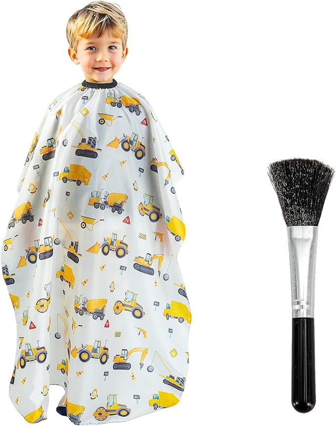 Gealaek Kids Haircut Cape and Neck Duster Brush Set with Construction Site Pattern Kids Barber Cape 55x40 Inches for Boys & Girls Salon Cape Kit (White)
