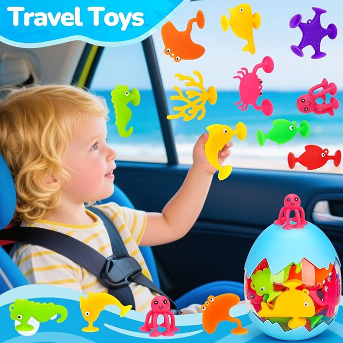 Toddler Suction Cup Bath Toys, Ocean Animal Bath Toys for Kids Ages 3-5 4-8 No Hole Mold Free Bathtub Window Building Toys Christmas Stocking Stuffers for 3 4 5 Year Old Boys Girls Birthday Gifts