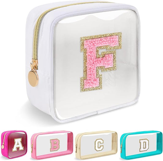 Mini Clear Personalized Initial Makeup Bag,Nylon Preppy A-Z Chenille Letter Patch Zipper Cosmetic Bag, Small Cute Beach Pouch Travel Purse Sanitary Napkin Storage Bag for Women Girls(White-Pink F)