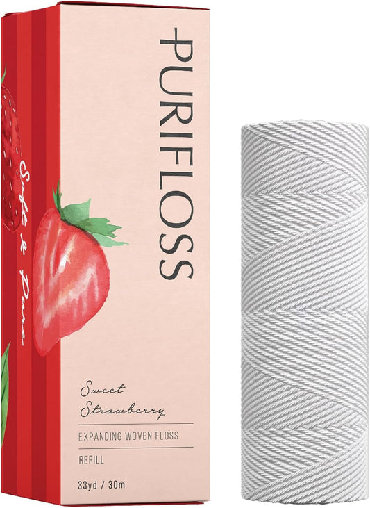 Premium Expanding Woven Dental Floss - PTFE & PFAS Free - Sweet Strawberry Refill - Dentist Recommended - Kid Friendly - Vegan & Cruelty Free - 33yd
