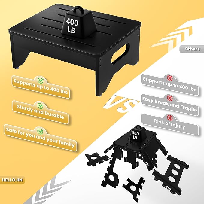 Wooden Step Stool for Adults & Kids, Non-Slip Rubber Feet, 6.5 Inch High, Lightweight Small Step, 400 Lbs Capacity, Bed Step Stool for High Bed, Bathroom & Kitchen, Black