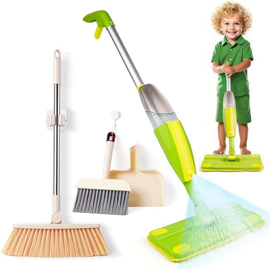 Kids Spray Mop,Toddler Mop Cleaning Set, Real Working Mini Mop & Kids Broom Dustpan Set, Housekeeping Pretend Play Toy, Montessori Kid Cleaning Toy Set Includes Organizer Clip -Green