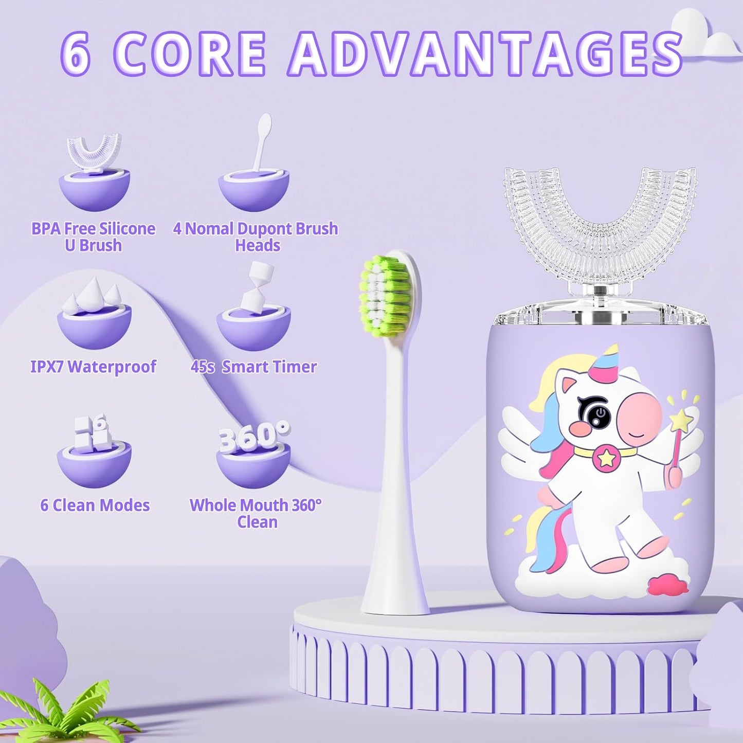 Kids Electric U Shaped Toothbrush Unicorn Rechargeable Sonic Toothbrush with 4 Soft Brush Heads with Kid Toothpaste IPX7 Waterproof - (Age 2-15, Purple)