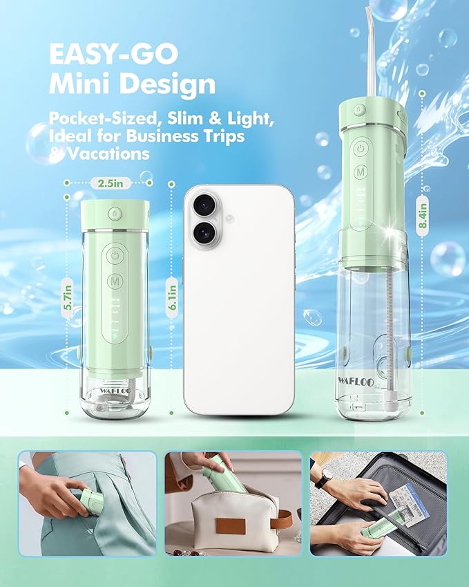 Water Flosser Travel Mini Cordless Portable: 5 Modes Water Dental Floss with Telescopic Water Tank, 4 Tips, IPX7 Waterproof (Green)