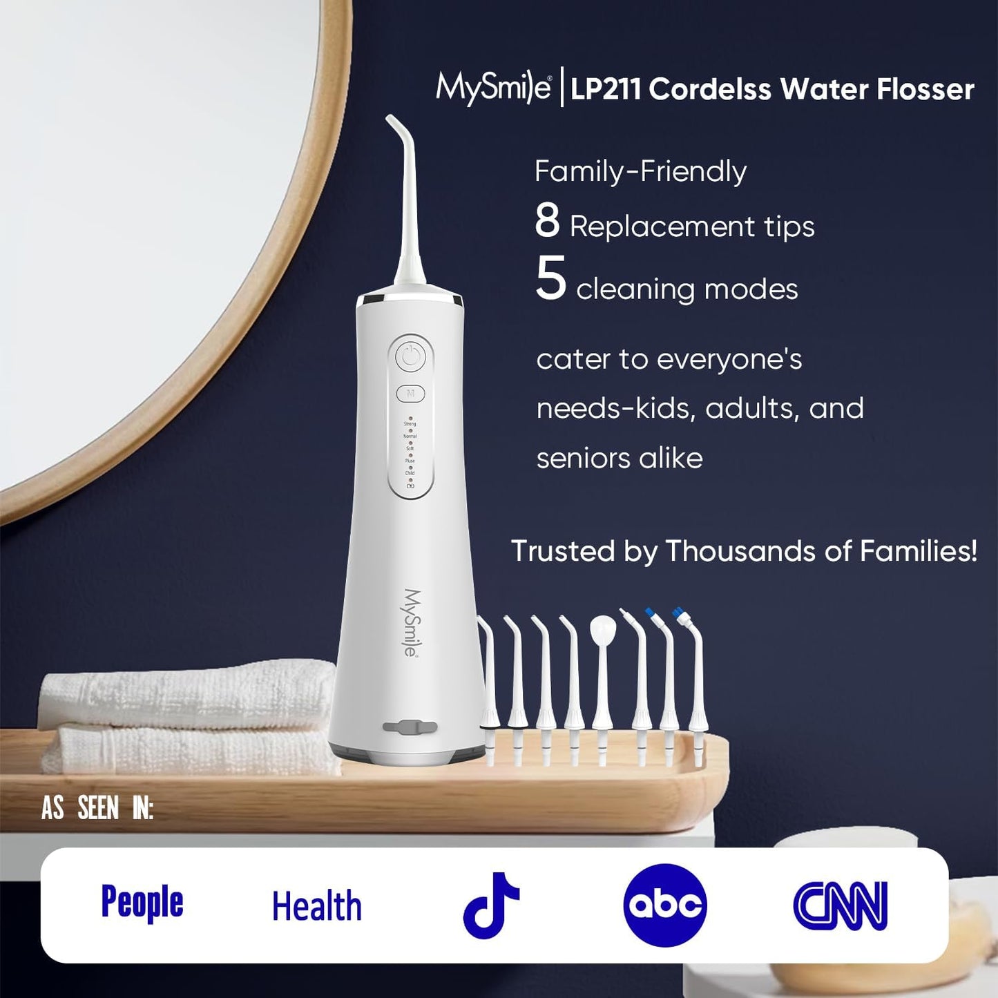 MySmile LP211 Cordless Water Flossers, Portable Rechargeable Oral Irrigator for Teeth Cleaning, 5 Cleaning Modes, IPX7 Waterproof, 8 Replacement Tips and a Storage Pouch (Pearl White)