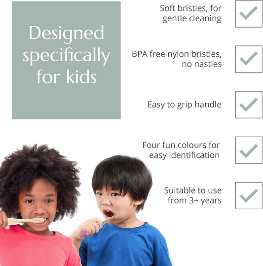 Wild & Stone Organic Children's Bamboo Toothbrush | Four Colors | Soft Fibre Bristles | 100% Biodegradable Handle | BPA Free | Vegan Eco Friendly Kids Toothbrushes