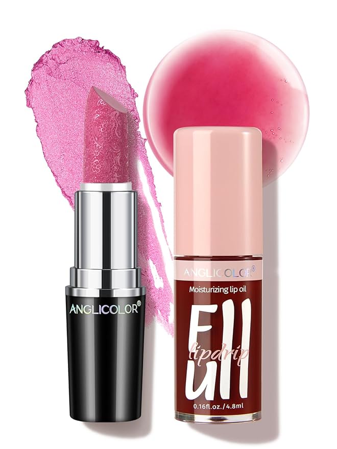 Anglicolor 2PC Lip Oil and Metallic Glitter Pink Lipstick,Natural Lip Plumper,Fruit Flavoured Lip Oil,For Dry Lip's Moisturizing Hydrating,Vegan & Cruelty-free (02 Pandora+15)