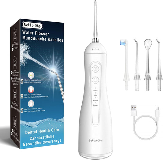 Betterchoi Water Flossers for Teeth, Portable Cordless Water Dental Flosser Teeth Pick, Oral Irrigator – 4 Cleaning Modes, 1800 Pulses, IPX7 Waterproof, USB Type-C Charging for Home Travel, White