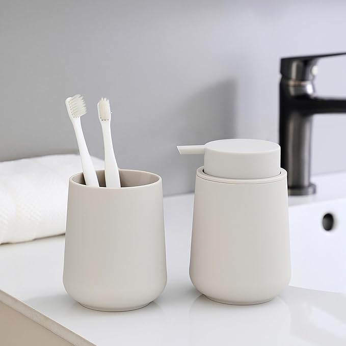 Matte Beige Bathroom Accessories 2 Piece Set Plastic Soap Dispenser and Toothbrush Holder for Modern Bathroom Decor