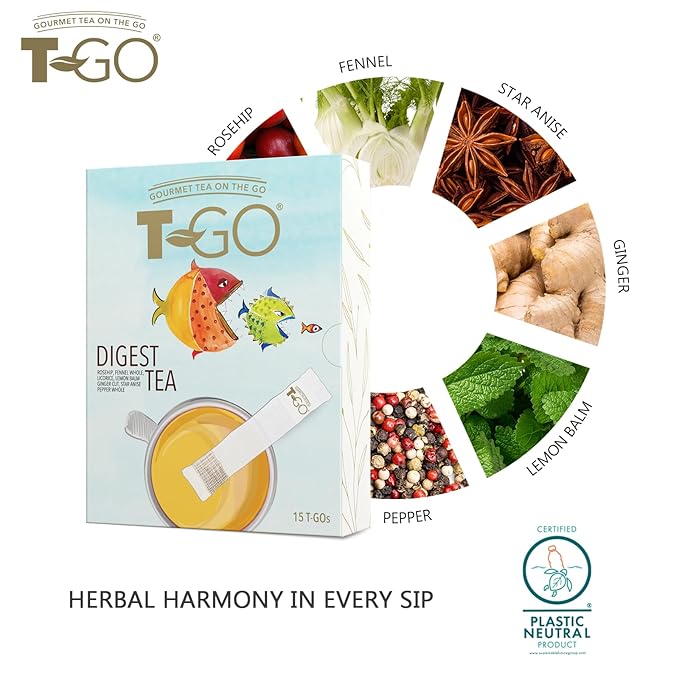 T-GO Digestive Herbal Tea Organic Fennel Ginger & Lemon Balm Blend Caffeine-Free (15 Eco-Friendly Tea Sticks)