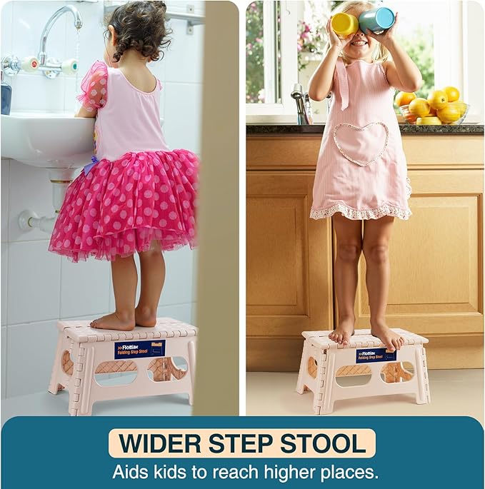 Flottian 9" Folding Step Stool for Adults and Kids 15-Inch Extra Wide Stool Holds Up to 300 lbs,Non-Slip Folding Stools with Handle,Compact Plastic Foldable Step Stool for Bathroom,Kitchen,ect,Khaki