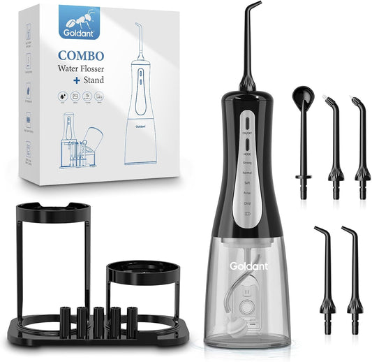 350ML Water Dental Flosser Teeth Pick with Stand Convenient Storage, 5 Modes Portable Cordless Oral Irrigator, Electric Rechargeable IPX7 Waterproof for Home Travel Teeth Cleaning(Black)