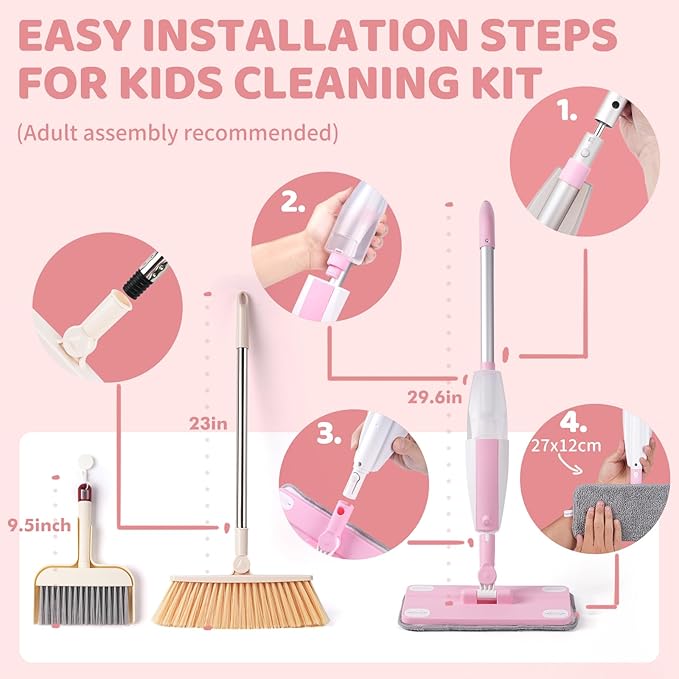 Kids Spray Mop,Toddler Mop Cleaning Set, Real Working Mini Mop & Kids Broom Dustpan Set, Housekeeping Pretend Play Toy, Montessori Kid Cleaning Toy Set Includes Organizer Clip -Pink