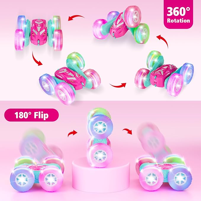 Remote Control Car for Girls 6-12 with Flashing Light, Toys 6 7 8 9 Years Old Girl Birthday Gifts Idea, RC Cars Stunt 4WD 2.4Ghz Double Sided 360° Flip, Present for Kids, Christmas, Pink