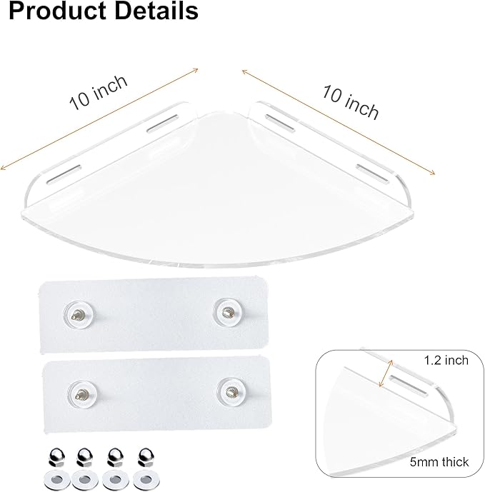 Acrylic Corner Shelves, Adhesive Shelf, Shower Caddy Organizer for Home Decor,Clear Shower Shelf,No Drilling Wall Mounted Bathroom Shelves (Clear 10 inch 2 set)