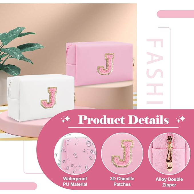 Personalized Initial A-Z Preppy Patch Makeup Bag,Small PU Leather Chenille Letter Cosmetic Bag with Zipper for Teen Girls,Pink Cute Travel Toiletry Bag,Birthday Monogrammed Gift for Daughter,Letter J
