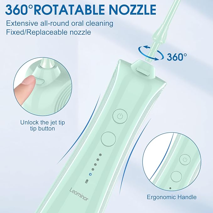 Leominor Water Flosser - 5 Modes Cordless Portable Oral Irrigator, IPX7 Waterproof, Rechargeable Teeth Cleaner Professional Flossing Cleaning Pick for Home Travel (Green)