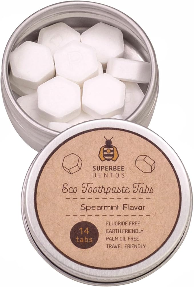 SuperBee Dentos Toothpaste Tablets & Dentos Floss, 14 Tabs, Fluoride Free & Eco Friendly, Travel Mouthwash Tablets, Sensitive Bites Kids Adults, Chewable Tablet, Spearmint