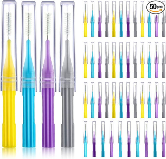 Patelai 50 Pieces Braces Brush for Cleaner Interdental Brush Between Teeth Toothpick Flosses Dental Flossing Head Oral Hygiene Tooth Cleaning Tool(Light Blue, Purple, Yellow, Gray)