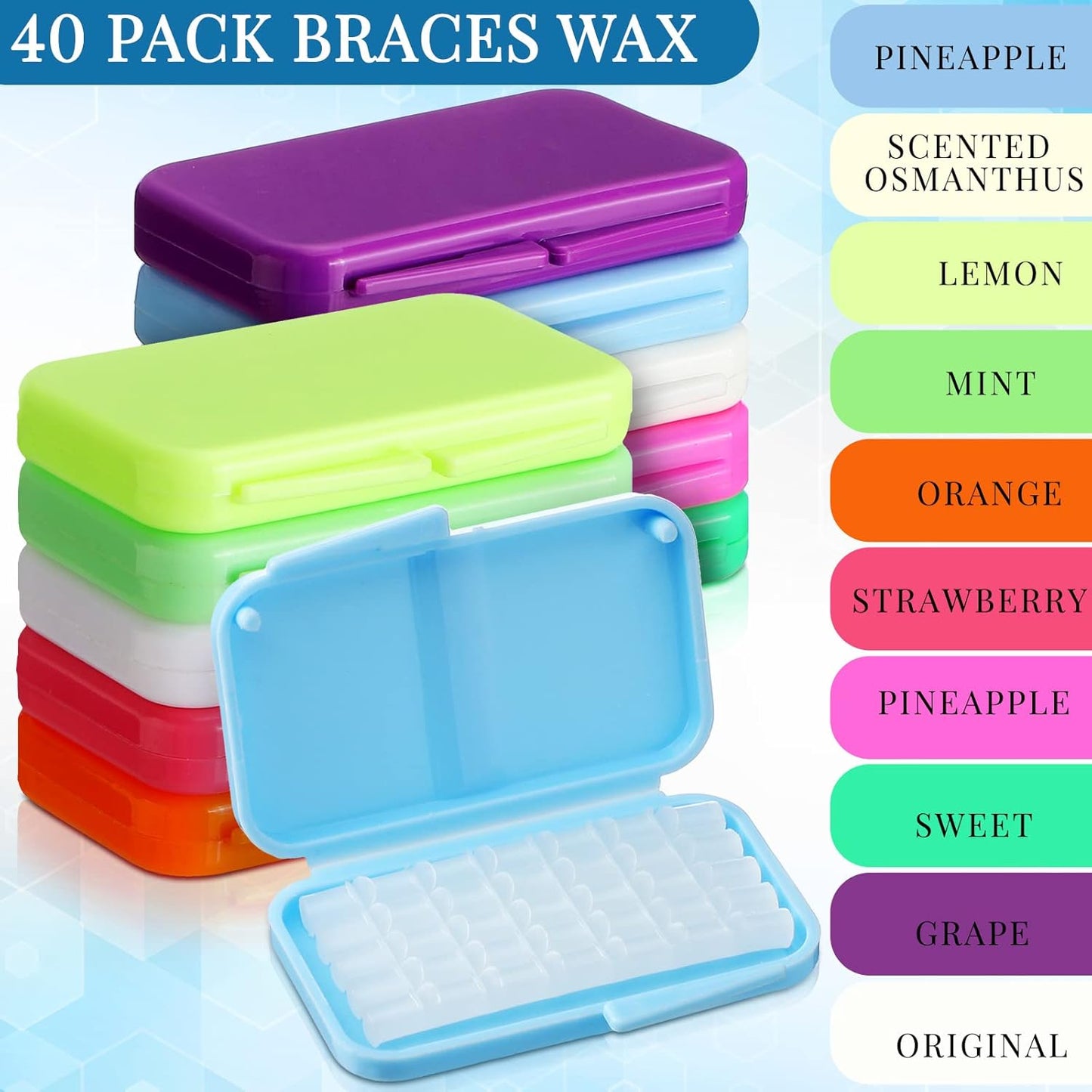 Sinmoe 40 Pack Dental Wax for Braces Orthodontic Wax for Teeth Oral Appliances with Colorful Storage Case and Small Plastic Cutter Repair Kit for Dental Care Wearer Braces Brackets