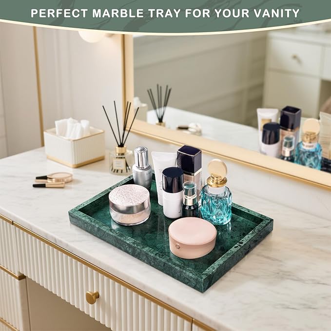 Marble Bathroom Tray for Countertop & Home Decor, Natural Decorative Marble Tray for Jewelry & Perfume Organizer, Luxury Stone Vanity Trays for Dresser, Kitchen Counter, 12" x 8", Green