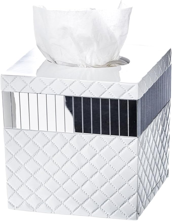 Creative Scents Quilted Mirror White Tissue Box Cover Square - Decorative Bathroom Tissue Box Holder - Modern Mirrored Tissues Cube Box Cover with Durable Bottom Slider