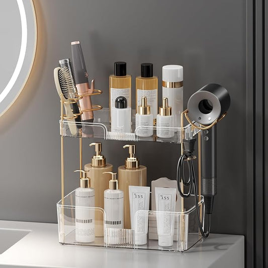 2-Tier Bathroom Counter Organizer with Hair Dryer Holder, Modern Style, Cosmetics & Skincare Shelf Organizer