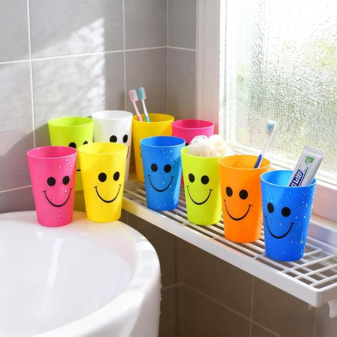 Plastic Cups Set for Kids Kitchen Drinking & Toothbrush Rinse, 260ml Reusable Colored Unbreakable Smiling Face Bathoom Mouthwash Tumbler Brushes, Kids Speed Training Stackable Cup