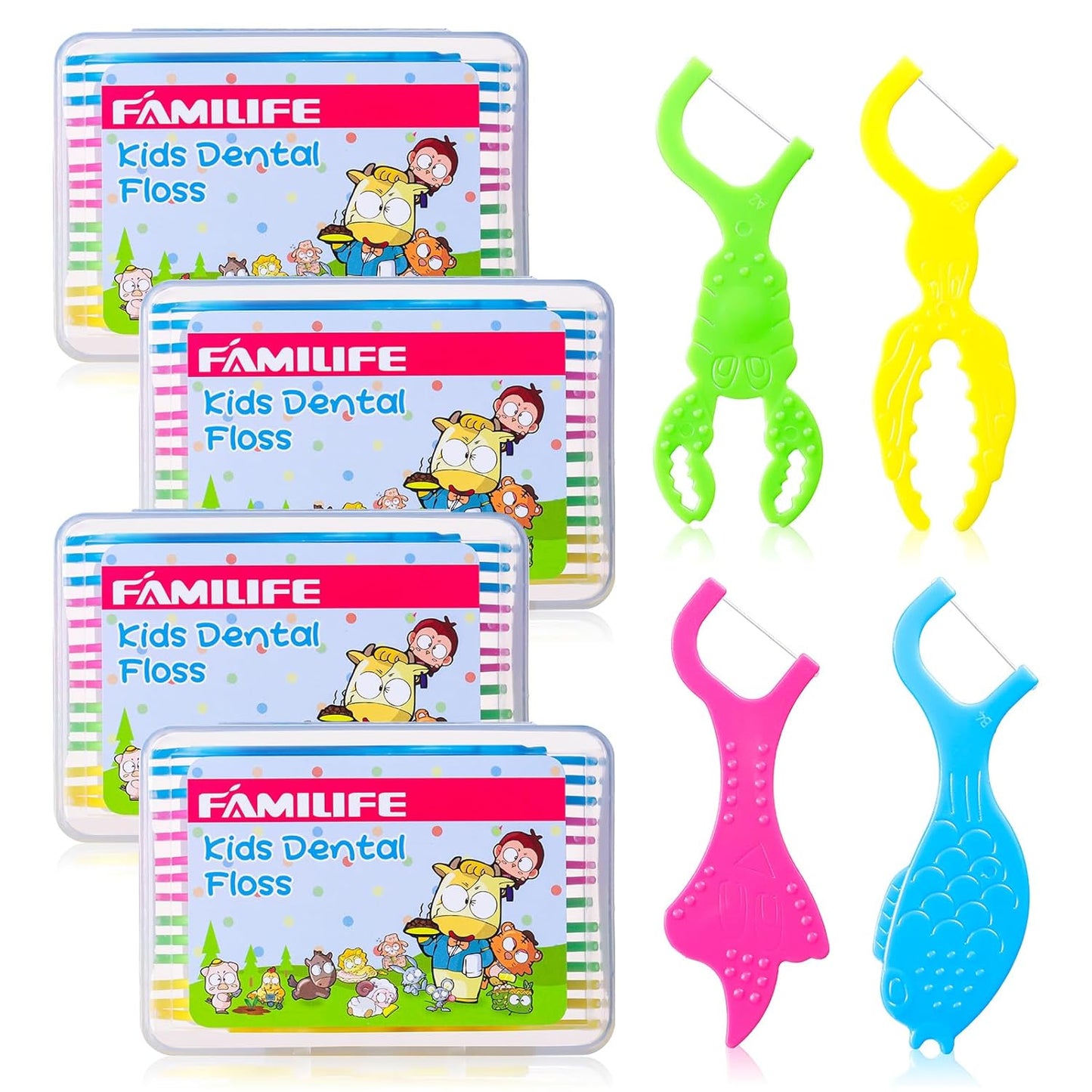 FAMILIFE Kid Floss Picks, 120 Picks Kid's Dental Floss Picks Without Fluoride, Kid Flossers with 4 Travel Handy Cases, Helps to Fight Tooth Decay and Keep Your Kids’ Teeth Clean