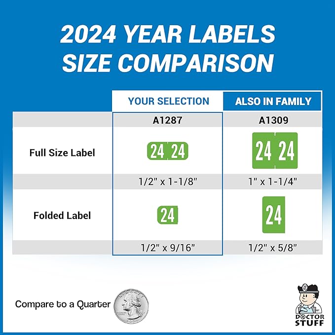 MINI 2024 Year Stickers, Doctor Stuff 2024 Chart Stickers, Light Green Color Coded, Tab 1287 Style, USA Made Year Labels for End Tab File Folders, 500/Roll, 1 Roll, 1/2" x 1-1/8"