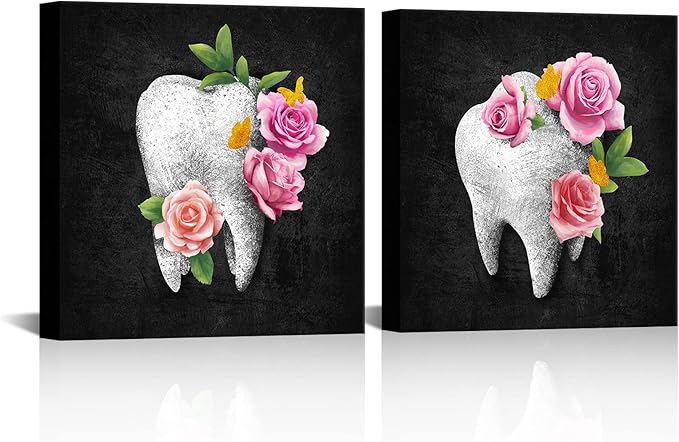 HOMEOART Dental Office Decor Black and Pink Bathroom Decor Painting Dentist Office Decor Kids Bathroom Decoration Framed Artwork, Ready to Hang 12"x12"x2 Panels