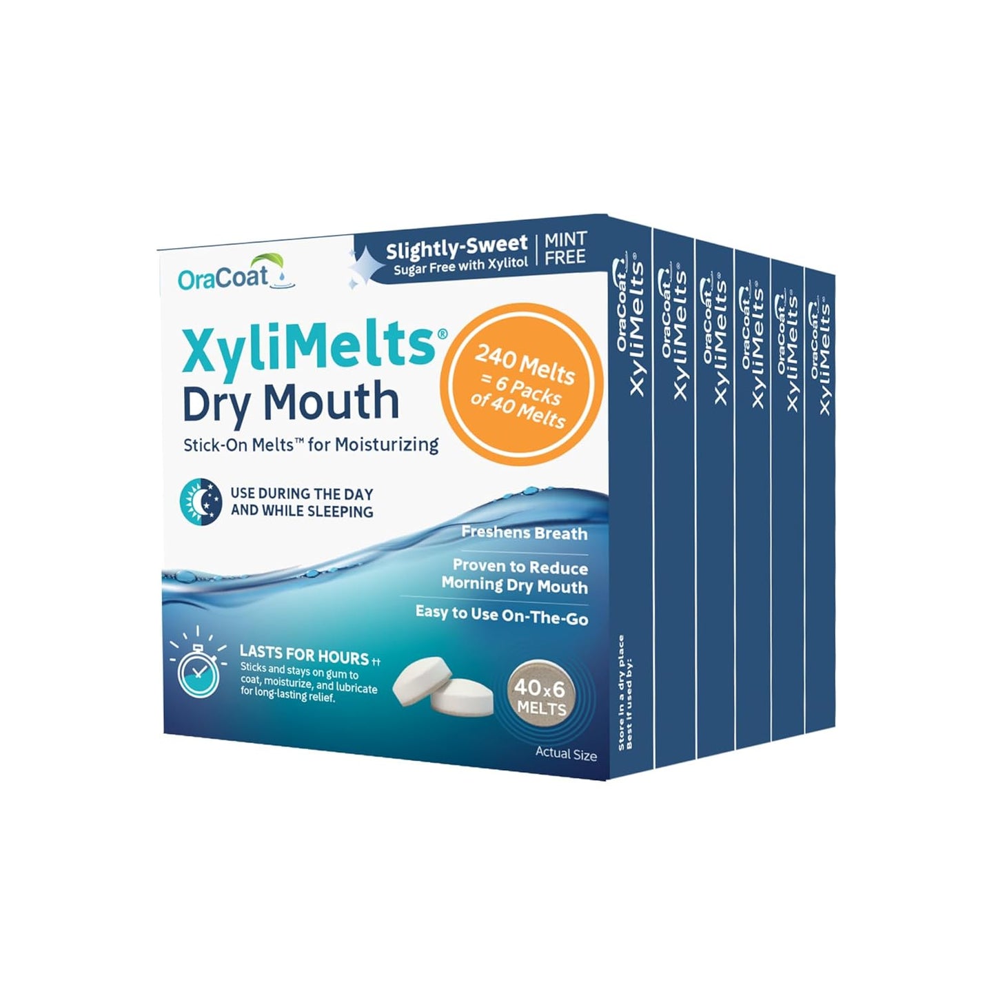 Oracoat XyliMelts for Dry Mouth Night Time or Day - Moisturizing Dry Mouth Adhering Discs, Sugar Free with Xylitol, 40 Count - 6 Pack, Slightly-Sweet Flavor, 8-Hour Relief