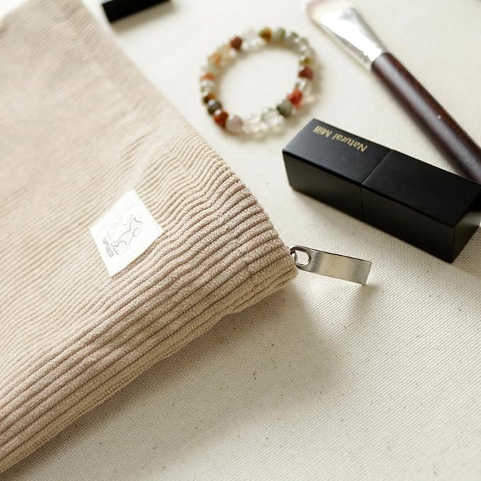 HAPPYHEIDI Creamy Light Khaki Corduroy Makeup Bag Cosmetic Toiletry Travel Pouch, Make Up Accessory Purse Organizer, Canvas Lined