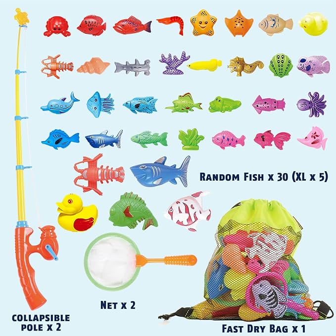 CozyBomB™ Magnetic Fishing Toys Game Set for Kids | Water Table Bathtub Kiddie Pool Party Pole Rod Net, Outdoor Plastic Floating Fish, Toddler Bath Color Ocean Sea Animals Birthday Gift Age 3-5 6 4-8