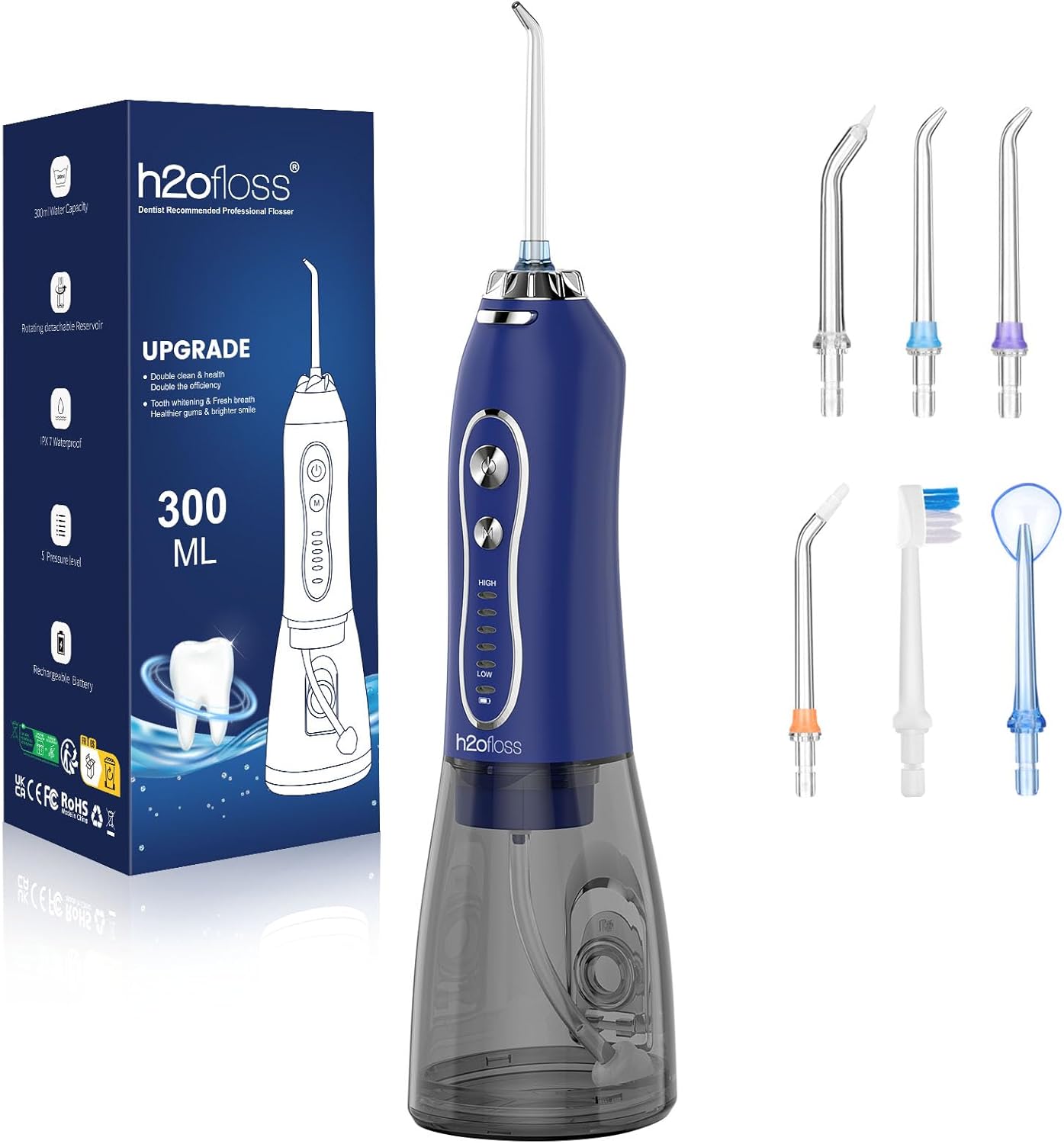 H2ofloss Water Dental Flosser Pick for Teeth: 5 Modes Cordless Portable 300ML Larger Tank Water Teeth Cleaner IPX7 Waterproof Flossing Cleaning Picks for Home Travel Dark Blue