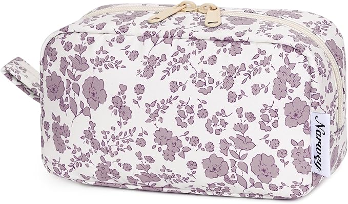 Narwey Small Makeup Bag for Purse Travel Makeup Pouch Mini Cosmetic Bag Zipper Pouch for Women (Little Dusty Pink Flower, Small)