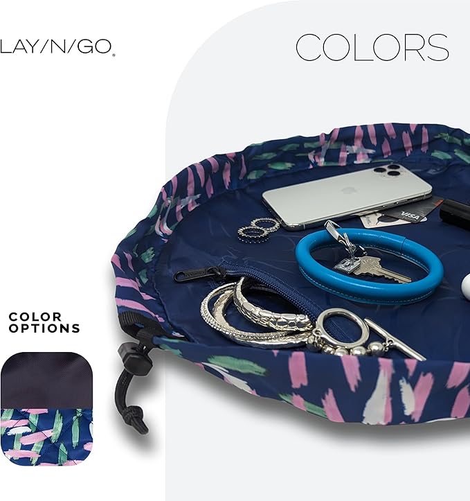 Lay-n-Go Cosmo Layflat Drawstring Cosmetic & Makeup Bag Organizer - Portable Drawstring Makeup Bag w/Zipper Pocket & More - Durable, Machine Washable Toiletry Bag for Travel (16", Crossmark)