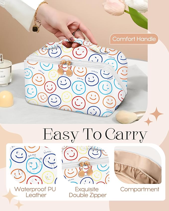 Bistup Makeup Bag Travel Cosmetic Bag Toiletry Make Up Bags Cute Women Large Capacity Big Medium Leather Portable Teen Girls Teenage Kawaii Foldable Expandable Compact Soft Open Flat Zip