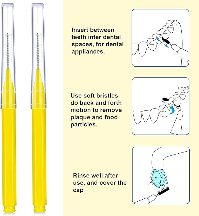 Patelai 100 Pieces Braces Brush for Cleaner Interdental Brush Toothpick Dental Tooth Flossing Head Oral Dental Hygiene Flosser Toothpick Cleaners Tooth Cleaning Tool(Yellow,Portable Size)