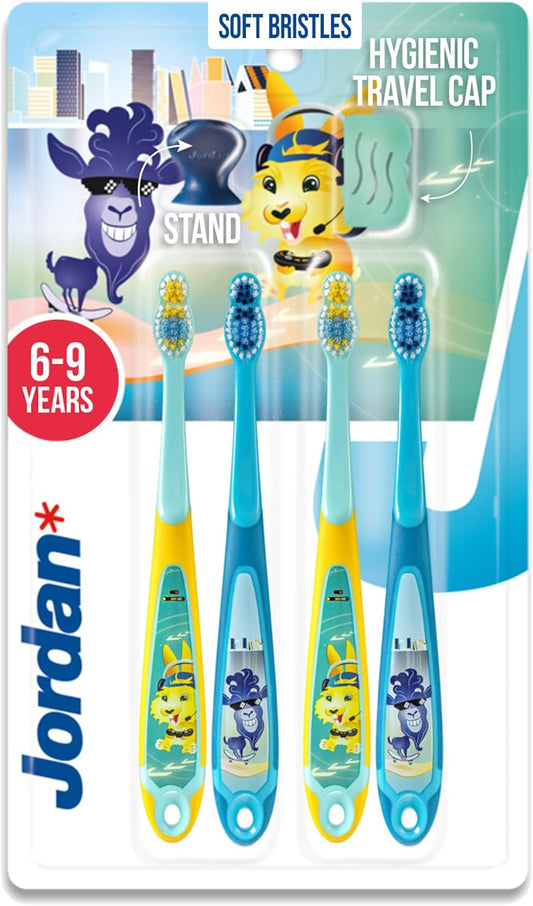 Jordan* Kids Toothbrush | 6-9 Years, Soft Bristles, BPA Free | 4 Pack | Blue & Green Step 3